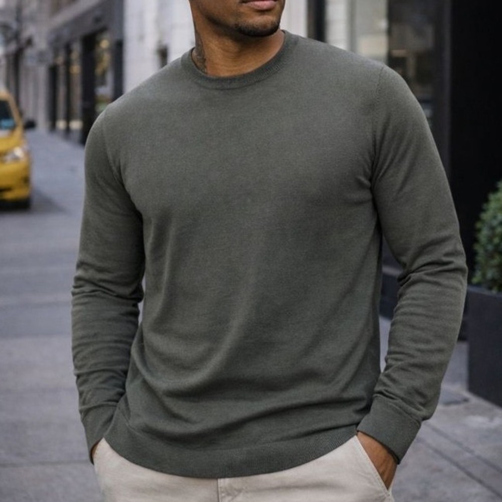 ASKET The Cotton Sweater Men Size M Short‎ Olive Green 100% Organic Cotton